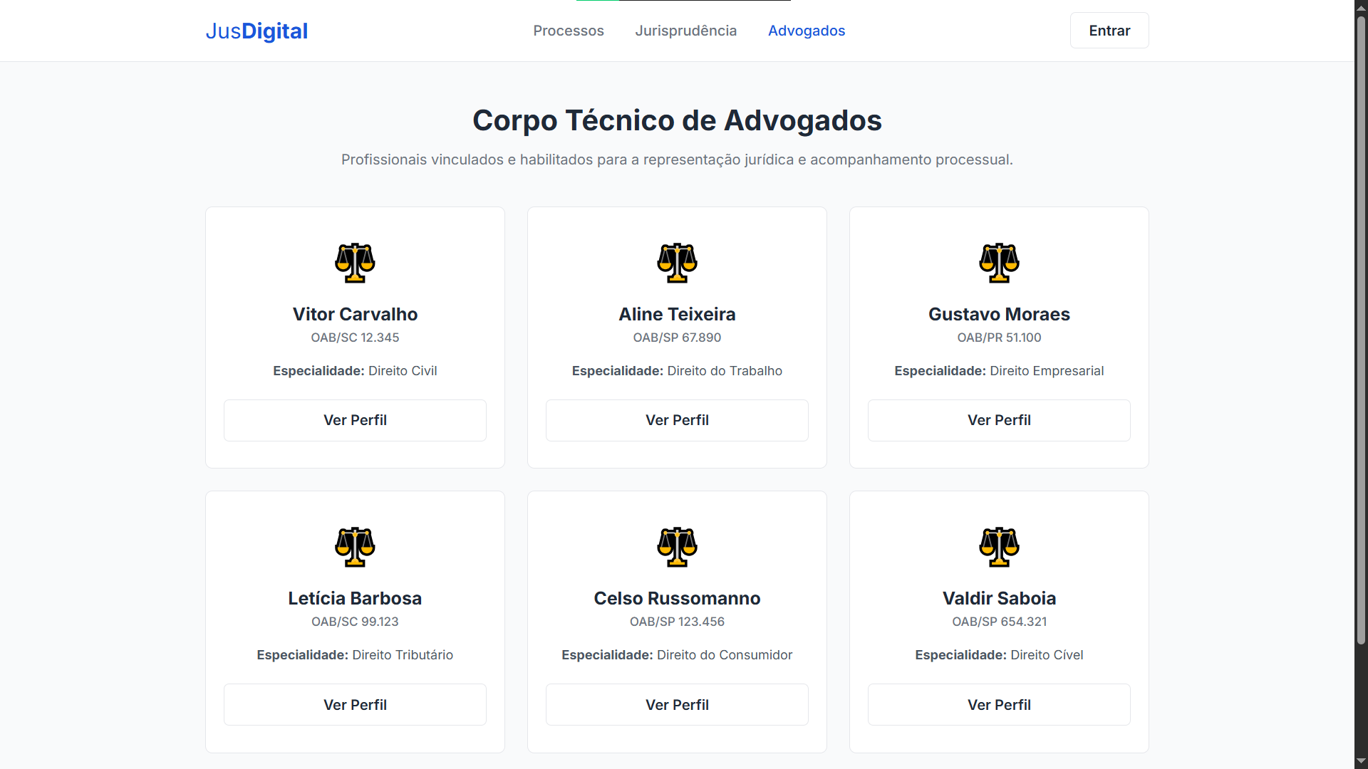Catálogo de advogados em grid