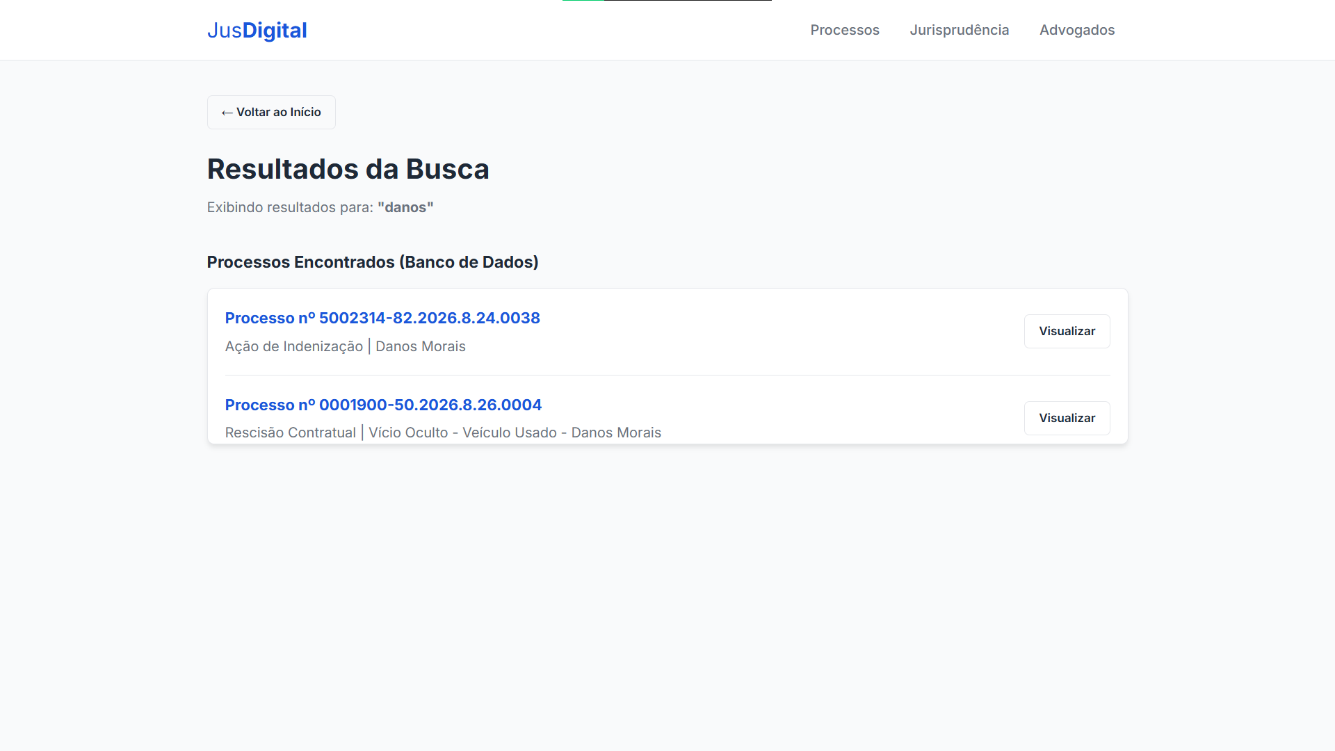 Busca unificada com resultados de processos, advogados e leis