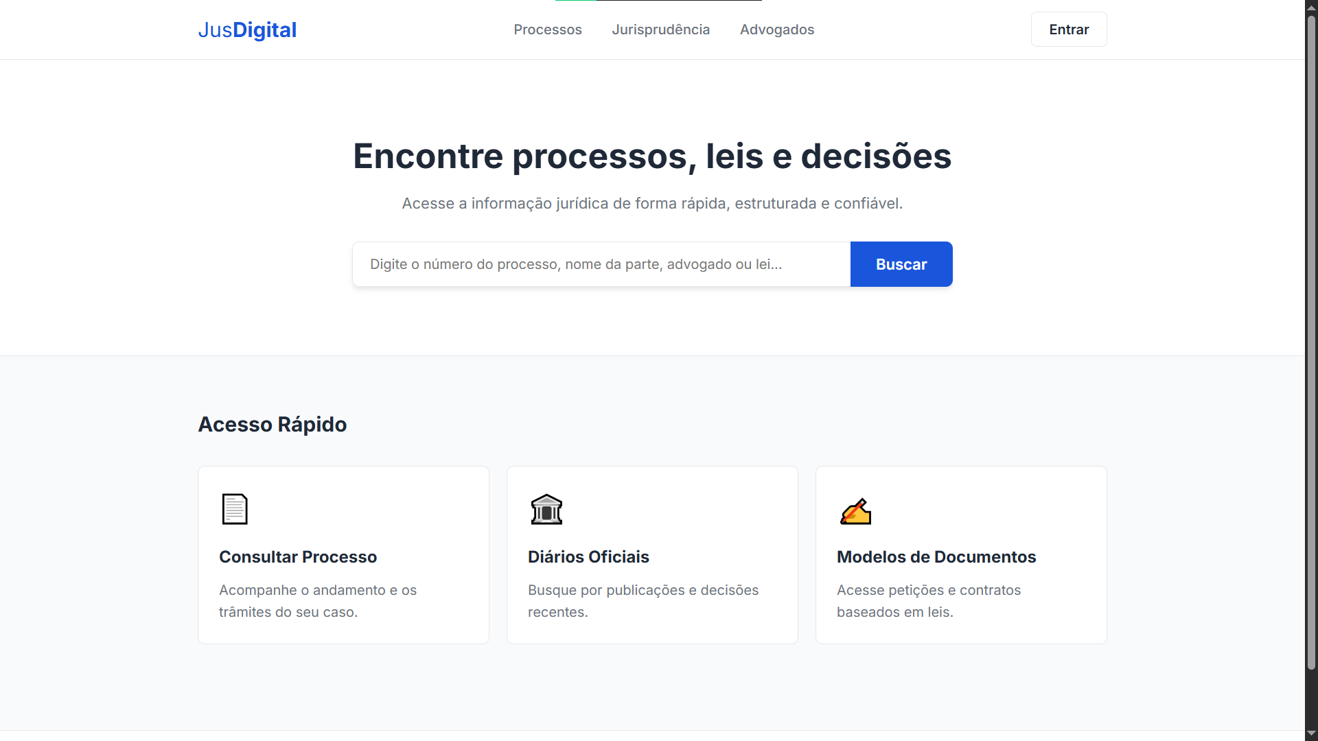Página inicial do JusDigital - hero com busca e cards de acesso rápido