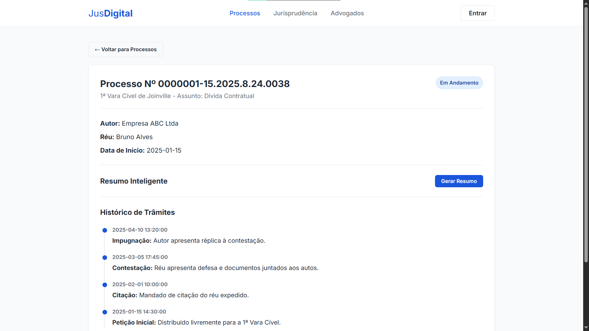 Detalhe do processo — partes e histórico de trâmites