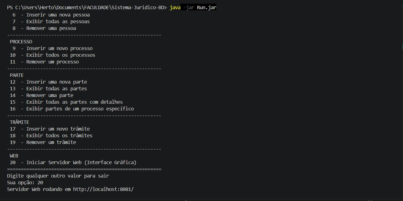 Terminal com a opção 20 — servidor web rodando